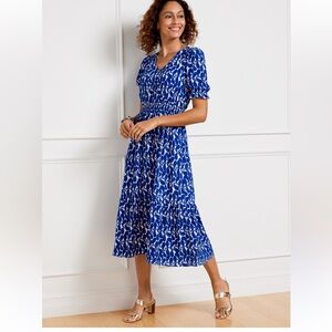 Talbots Women’s Stretch Crepe Blue and White Midi Patterned Dress- size 10